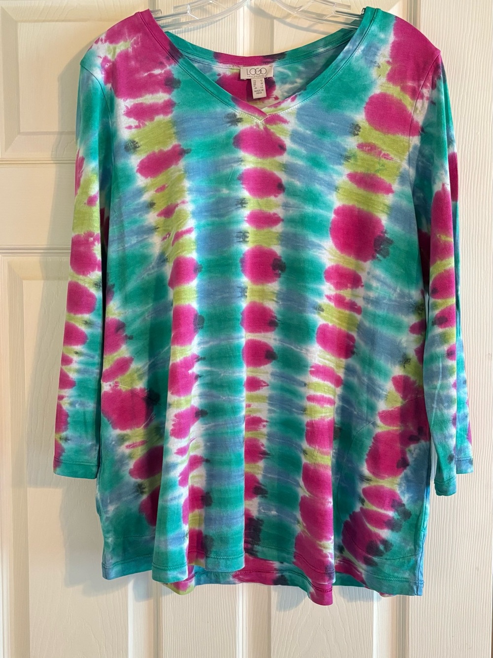 LOGO by Lori Goldstein Long-Sleeve V-Neck Tie-Dye Top in Pink, Teal & Lime